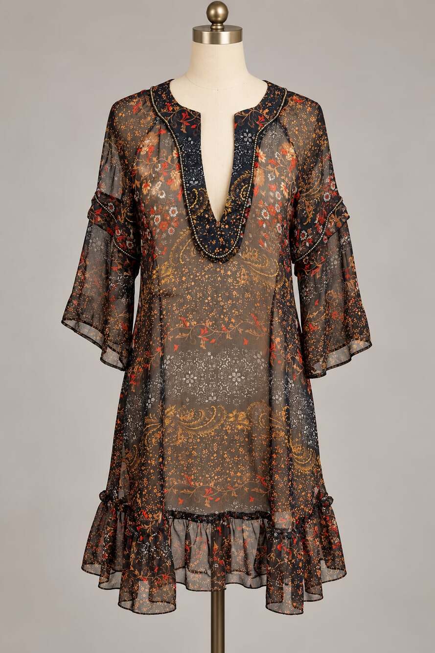 Patterson J. Kincaid Sheer Boho Floral Paisley V-Neck Tunic Dress New S: Small